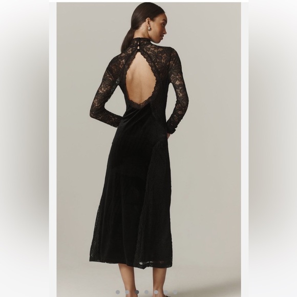 Anthropologie Long-Sleeve Mock-Neck Lace Velvet Midi Slip Dress Evening XS NWT - Picture 3 of 15